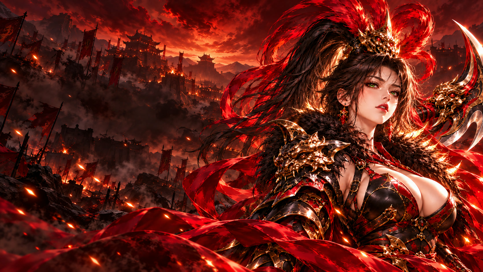碧眼女武將身披赤金戰甲，身後是烽火城池與戰旗